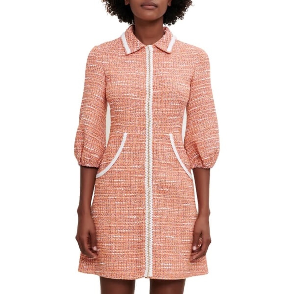 Maje Peach Tweed Mini Dress with White Trim